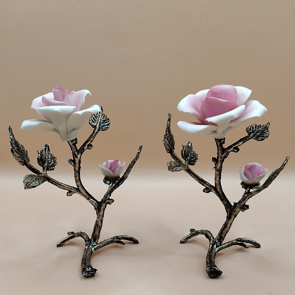 Pair Of Vintage Capodimonte Elegant Pink and White Porcelain Roses On Metal Stem
